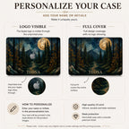 Personalize Your Case infographic for a stained glass effect MacBook hard shell case, showing two print options: Logo Visible, where the Apple logo shows through an unprinted area, and Full Cover, where the design covers the entire surface. Both examples feature the custom name “TEONA” over a dark autumn forest and full moon design. Personalized cover for MacBook Air 13 15, MacBook Pro 13 14 16 and MacBook Neo by TrioAuraDesign.