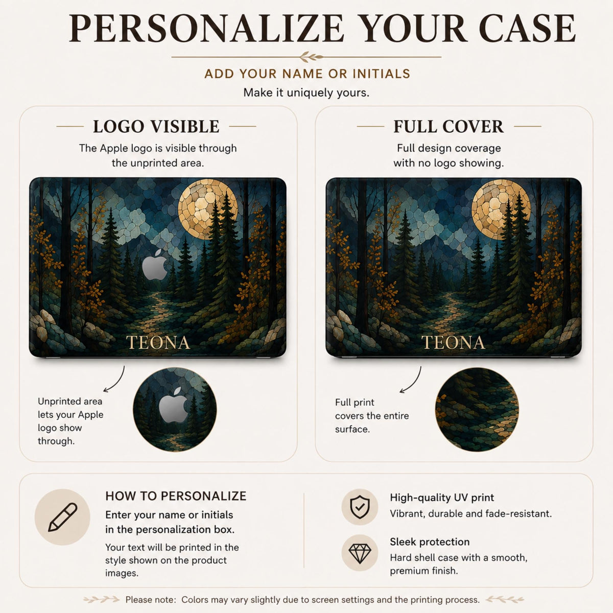 Personalize Your Case infographic for a stained glass effect MacBook hard shell case, showing two print options: Logo Visible, where the Apple logo shows through an unprinted area, and Full Cover, where the design covers the entire surface. Both examples feature the custom name “TEONA” over a dark autumn forest and full moon design. Personalized cover for MacBook Air 13 15, MacBook Pro 13 14 16 and MacBook Neo by TrioAuraDesign.