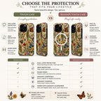 Comparison infographic showing Tough Case and MagSafe Tough Case options with a botanical wildflower embroidery-effect design for iPhone. Both cases feature dual-layer protection, drop protection, raised edges, and a smooth printed finish. The MagSafe Tough Case includes built-in magnets for MagSafe charging and compatible accessories. Colorful flowers, foliage, bees, and butterflies create a vintage cottagecore look.