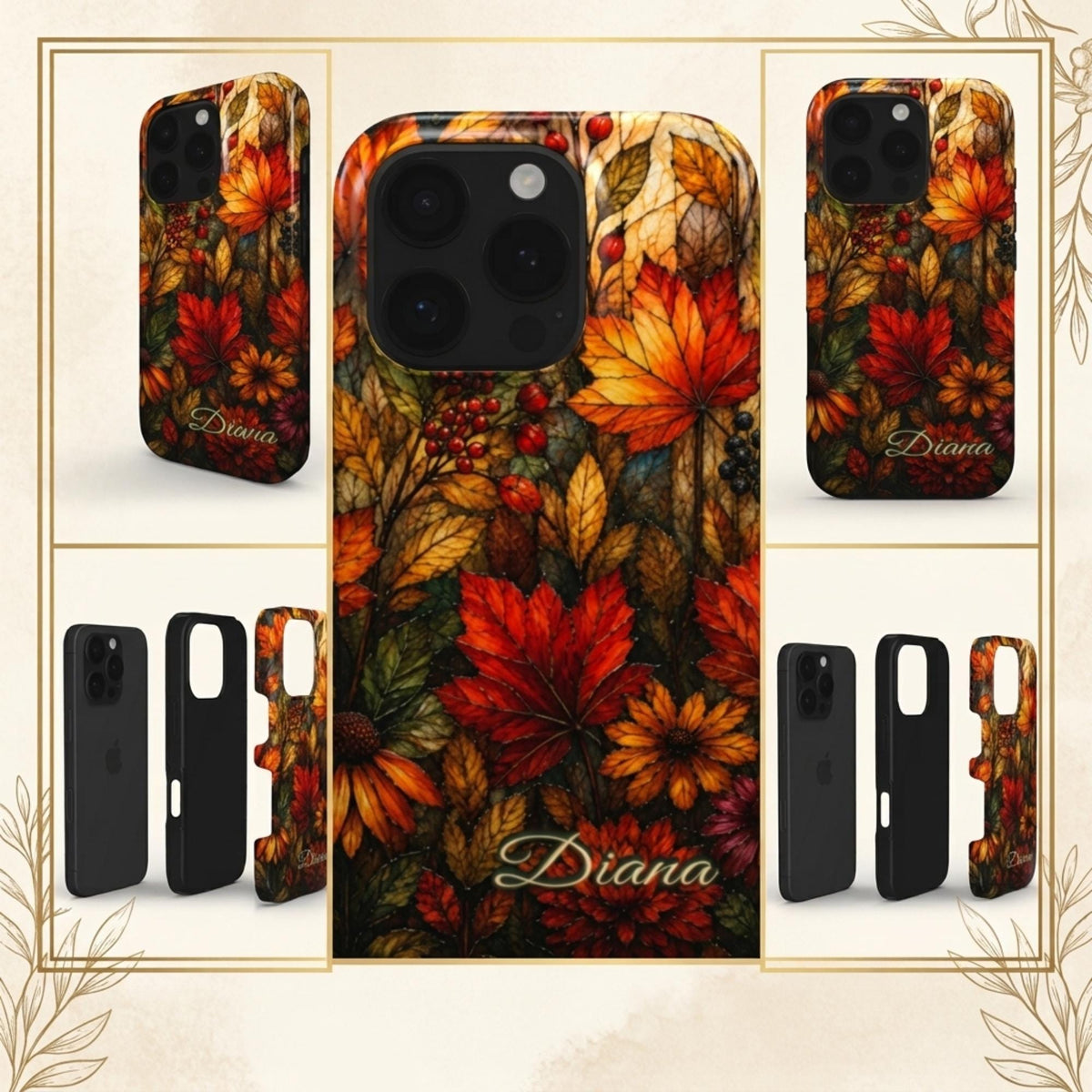 Personalized autumn stained glass effect iPhone case from TrioAuraDesign, shown in use during a phone call at a leafy café. The smooth printed case features glowing maple leaves, berries and florals in burnt orange, deep red, golden yellow and olive tones, creating a rich stained glass mosaic look. Artistic fall phone case with custom personalization, available in my shop.