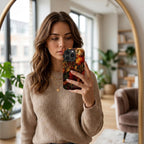 Personalized autumn stained glass effect iPhone case from TrioAuraDesign, shown in a mirror selfie in a bright modern home. The smooth printed case features rich maple leaves, berries and florals in burnt orange, deep red, golden yellow and olive tones, creating a stained glass mosaic look. Custom name personalization appears near the bottom, adding an artistic fall finish available in my shop.