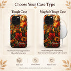 Tough Case and MagSafe Tough Case comparison infographic from TrioAuraDesign, showing the personalized autumn stained glass effect iPhone design with rich orange, red and golden botanical leaves. The Tough Case offers dual-layer everyday protection and glossy full-wrap printing, while the MagSafe Tough Case adds built-in MagSafe compatibility. Both options feature smooth printed artwork and are available in my shop.