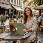 Personalized sage green Crochet effect floral MacBook case from TrioAuraDesign, shown in use at an outdoor European-style café. The hard shell features burgundy, ivory and dusty rose flowers with botanical greenery and gold-toned details, custom name “Charlotte” in elegant script, and the Apple logo visible at center. Smooth printed floral laptop cover for MacBook Air, Pro and Neo models, available in my shop.