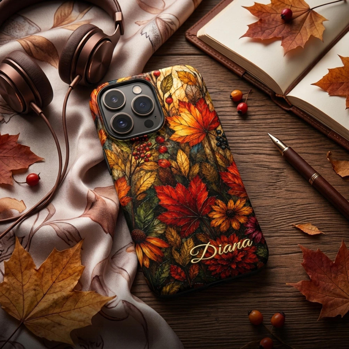 Personalized autumn stained glass effect iPhone case from TrioAuraDesign, styled on a dark wood desk with headphones, an open notebook and scattered fall leaves. The smooth printed case features a rich mosaic of glowing maple leaves, berries and florals in burnt orange, deep red, golden yellow and olive tones, with custom name “Diana” near the bottom. Artistic fall phone case inspired by stained glass and autumn foliage, available in my shop.