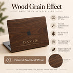 Wood grain effect MacBook case infographic from TrioAuraDesign, showing a personalized dark brown hard shell with custom name “DAVID” and a short phrase below. The graphic explains that the realistic walnut wood appearance is created with high-definition UV printing on a smooth polycarbonate surface. No real wood veneer, engraving, or raised texture. Includes a close-up of the printed wood grain and lightweight hard shell protection.