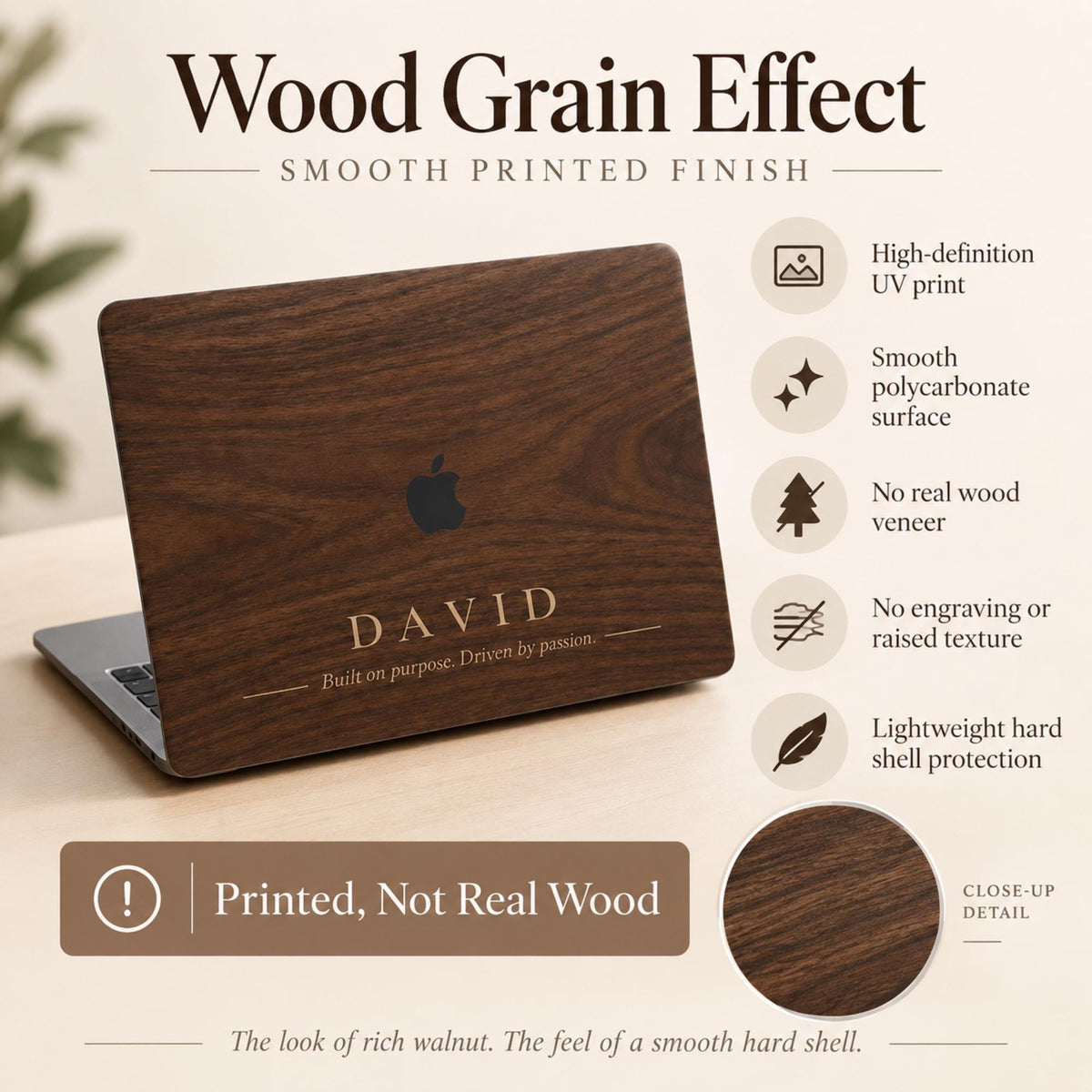 Wood grain effect MacBook case infographic from TrioAuraDesign, showing a personalized dark brown hard shell with custom name “DAVID” and a short phrase below. The graphic explains that the realistic walnut wood appearance is created with high-definition UV printing on a smooth polycarbonate surface. No real wood veneer, engraving, or raised texture. Includes a close-up of the printed wood grain and lightweight hard shell protection.