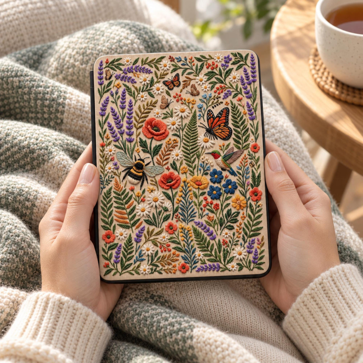 Hands holding Kindle Paperwhite in printed embroidery effect wildflower case, cozy reading with blanket and tea