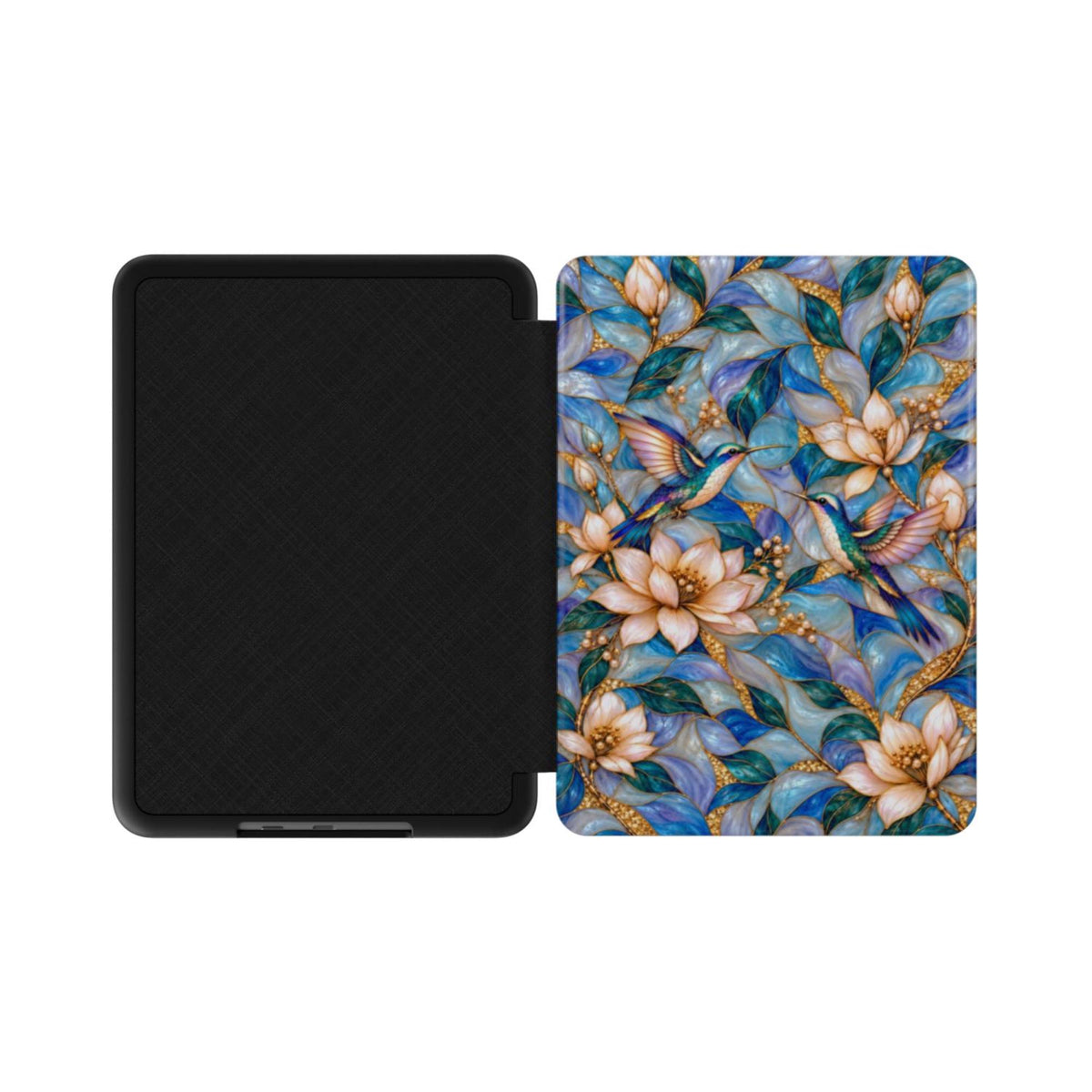 Open Kindle Paperwhite case showing black inner lining and printed hummingbird stained glass front cover
