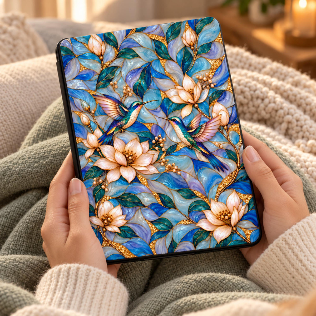Hands holding Kindle Paperwhite in printed stained glass effect hummingbird case, cozy reading with knit blanket
