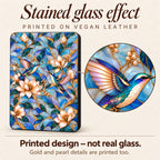 Close-up of printed stained glass effect on hummingbird Kindle case, gold and pearl details are part of the print, no real glass