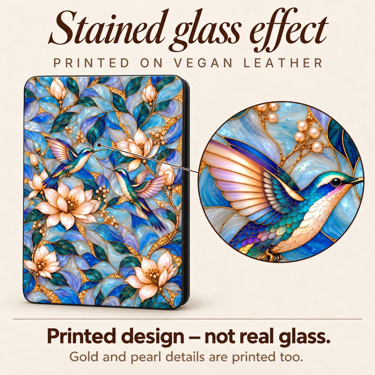 Close-up of printed stained glass effect on hummingbird Kindle case, gold and pearl details are part of the print, no real glass