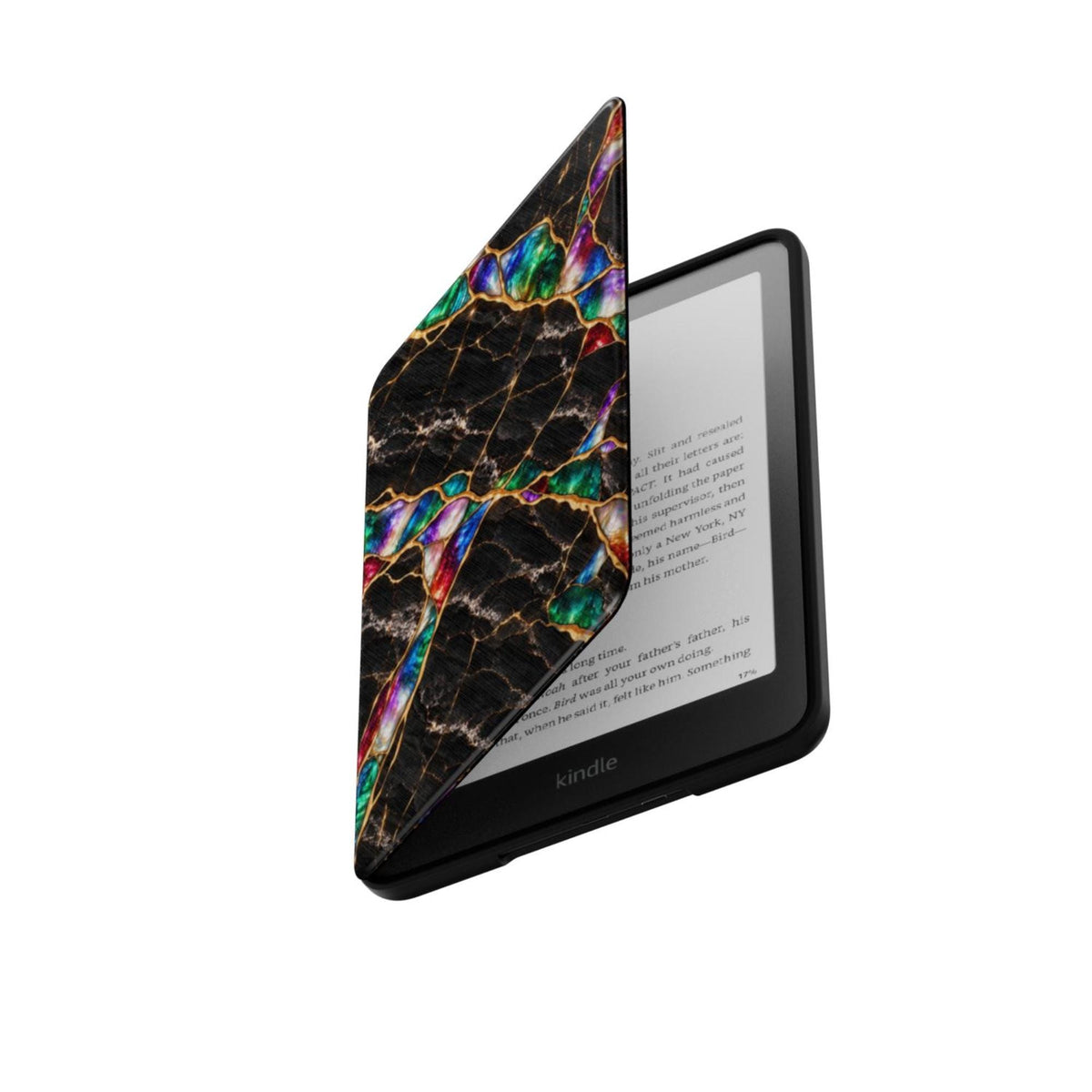 Jewel Tone black marble Kindle cover opened over Kindle Paperwhite screen, gold kintsugi effect with emerald, sapphire and ruby opal tones