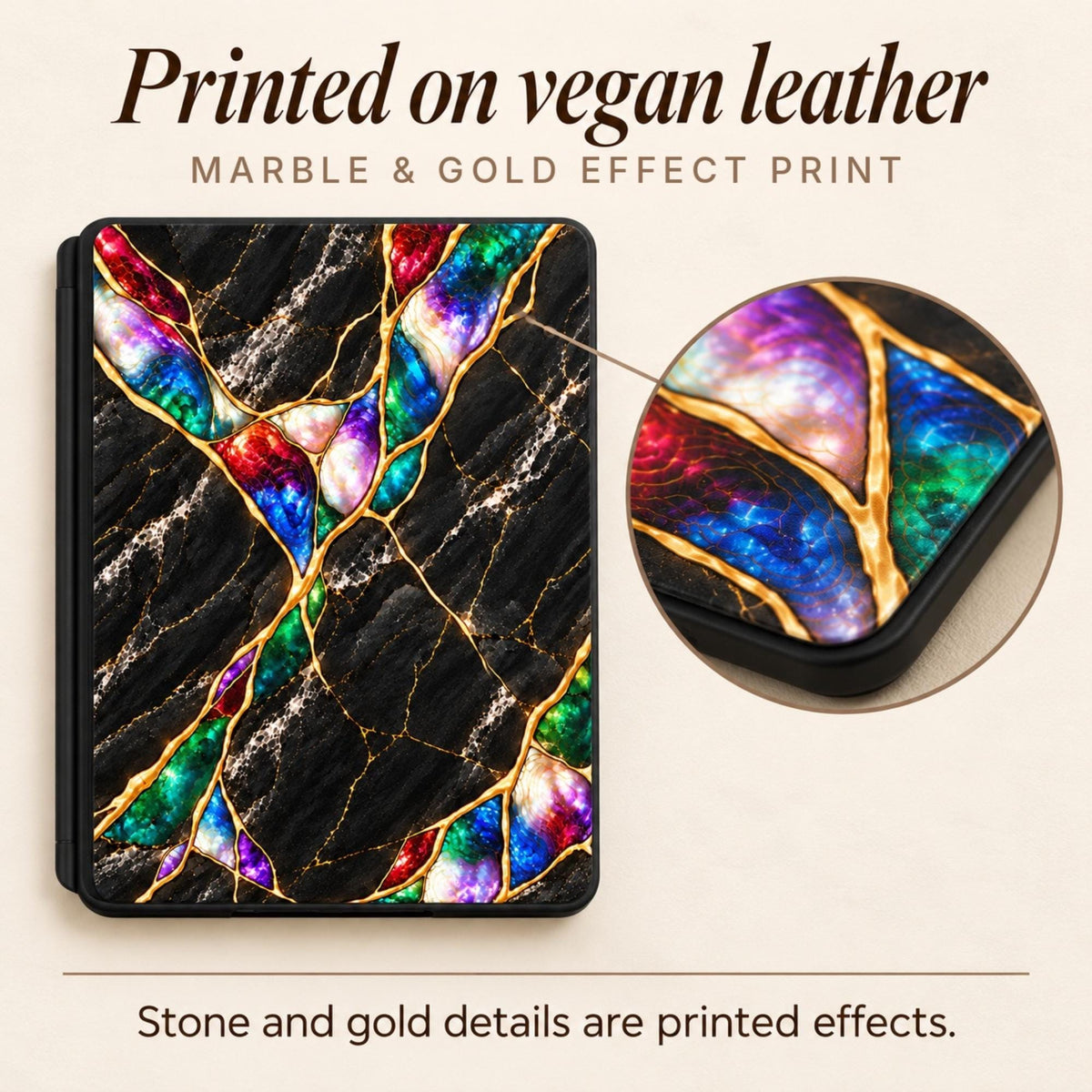 Close-up of printed marble and gold effect on black marble Kindle case, printed on vegan leather, stone and gold details are printed