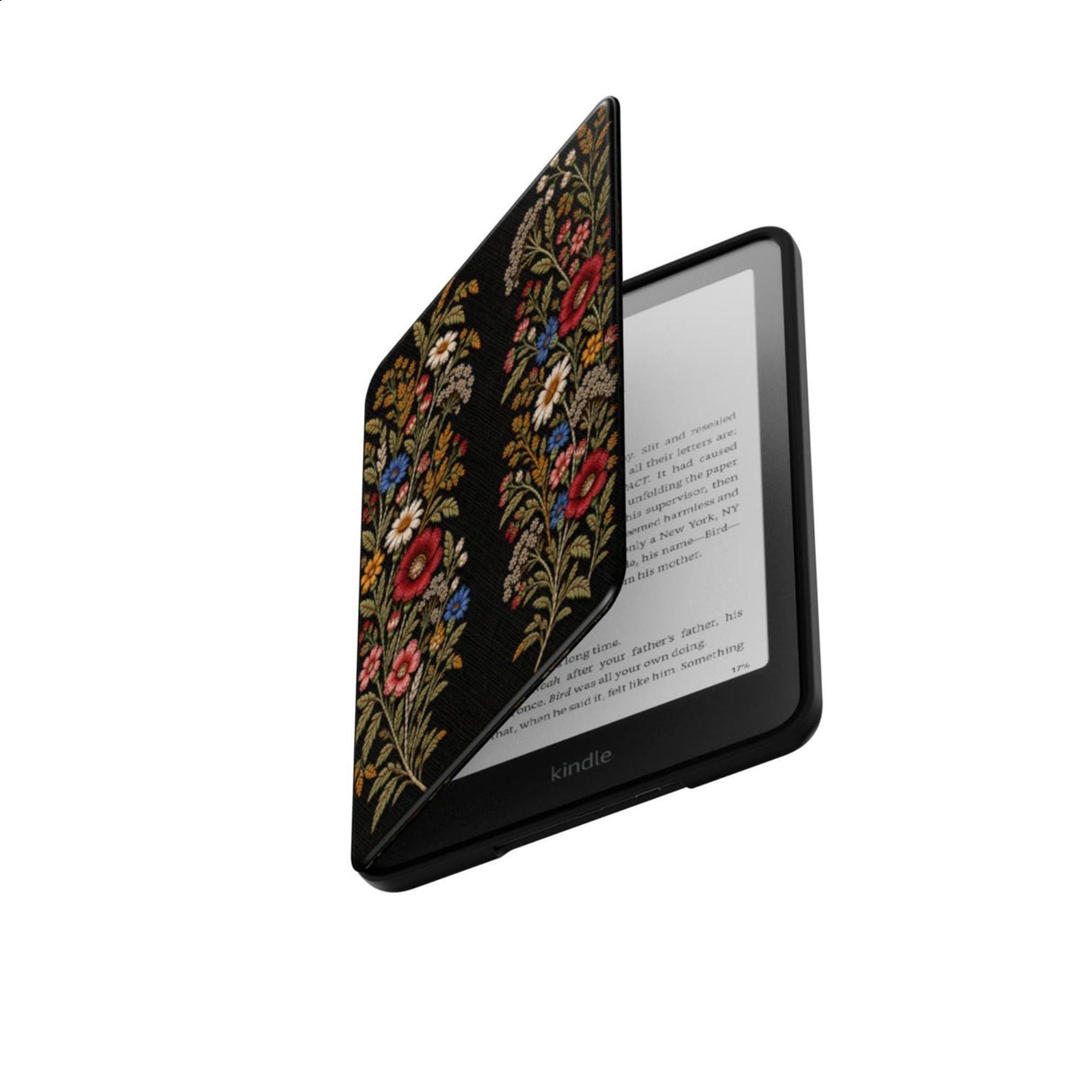 Black Kindle folio case with embroidery effect wildflower print opened at an angle to show the Kindle screen inside