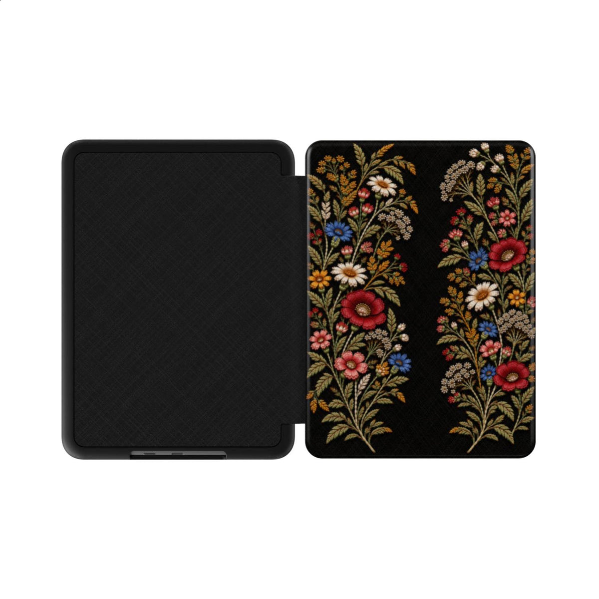 Black Wildflower Kindle case opened flat, showing the black microfiber inner lining and the floral front cover