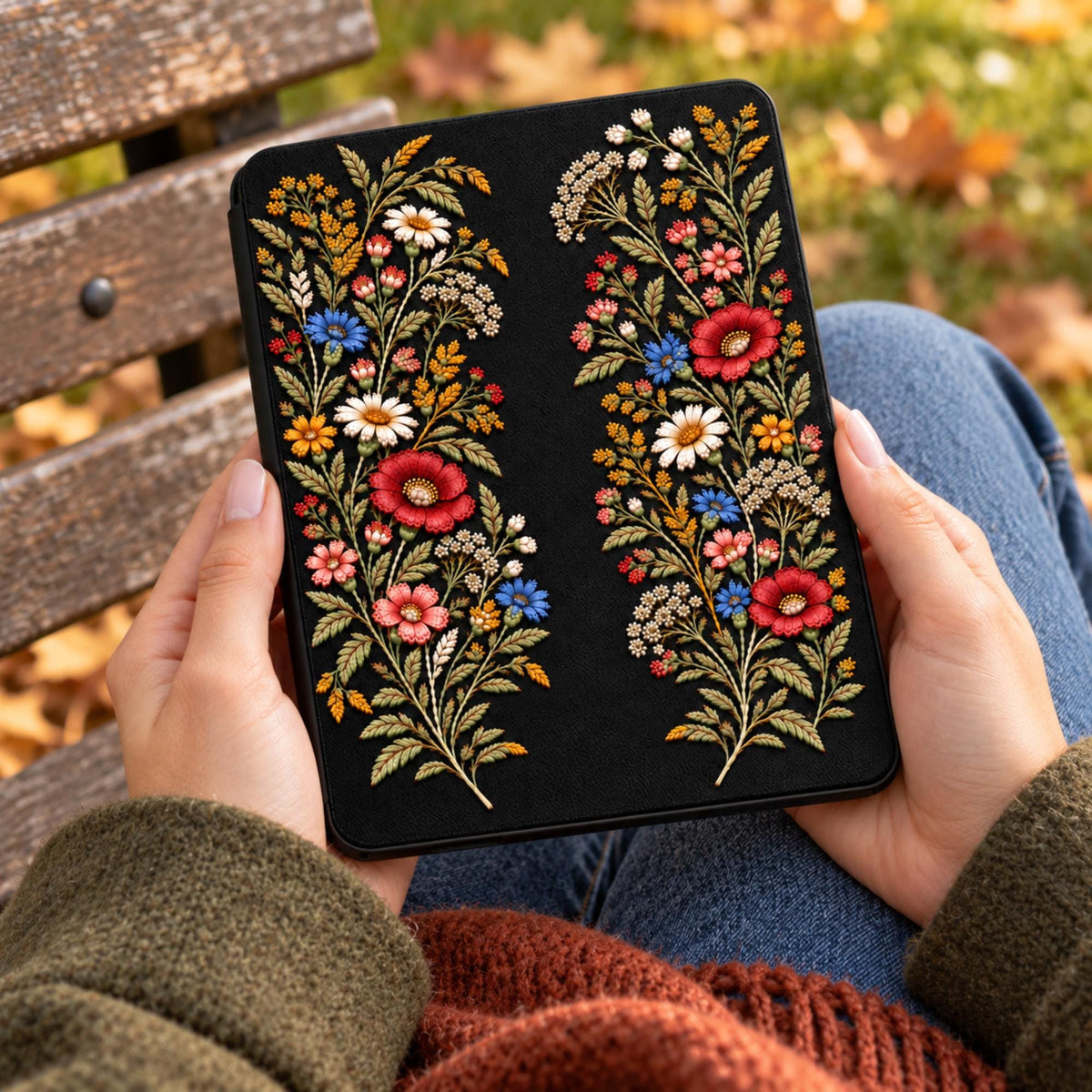 Hands holding a Kindle in a black folio case printed with two garlands of embroidery effect wildflowers, outdoors on an autumn bench
