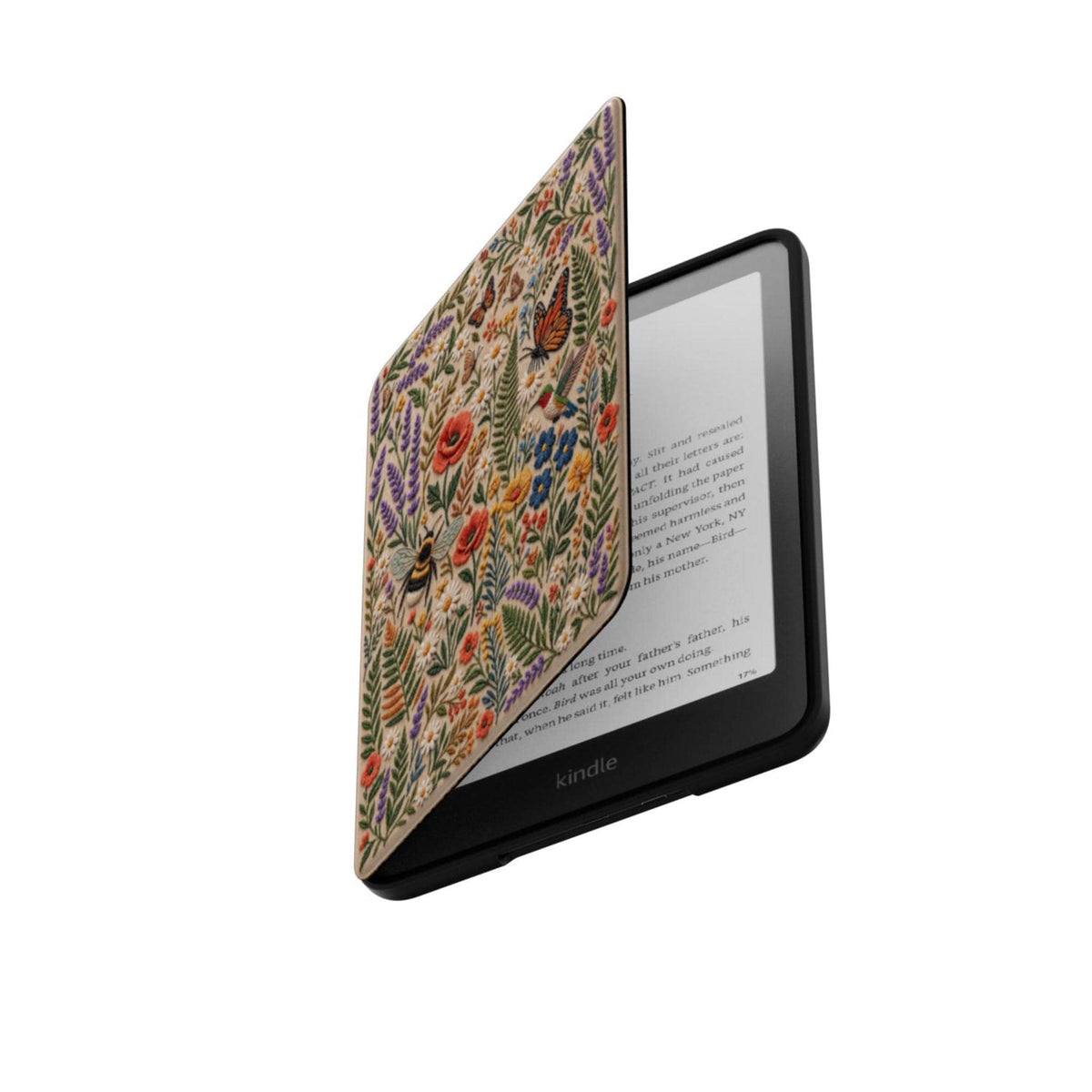 Embroidery effect floral Kindle cover opened over Kindle Paperwhite screen