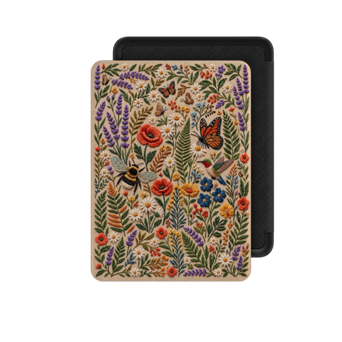 Floral Kindle Paperwhite case with embroidery effect wildflower design, hummingbird, monarch butterfly and bumblebee among poppies and lavender