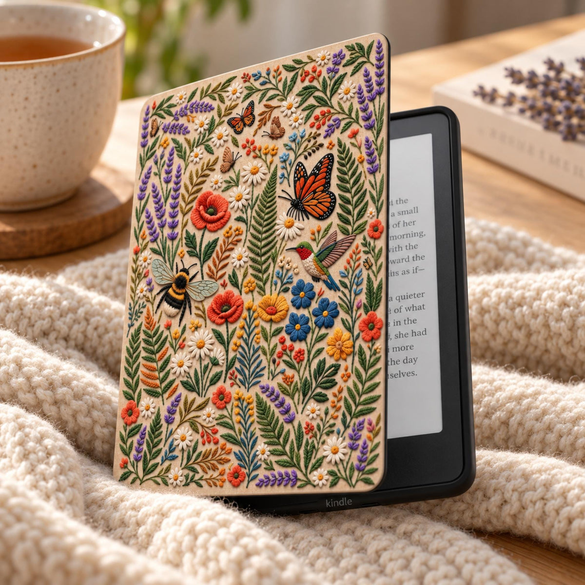 Floral embroidery effect Kindle Paperwhite case opened on a cozy knit blanket with tea, cottagecore wildflower cover with hummingbird and monarch butterfly