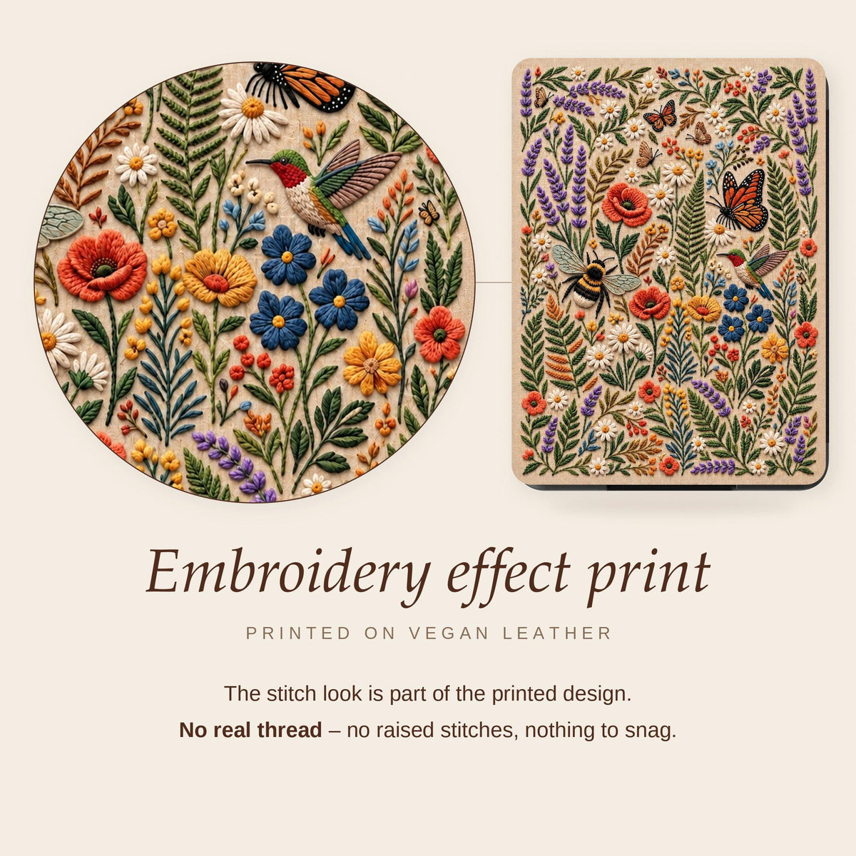 Close-up of printed embroidery effect on floral Kindle case, stitch look is part of the print on vegan leather, no real thread