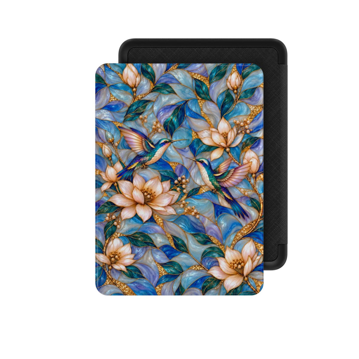 Hummingbird Kindle Paperwhite case front view, blue and opal stained glass effect design with cream magnolias