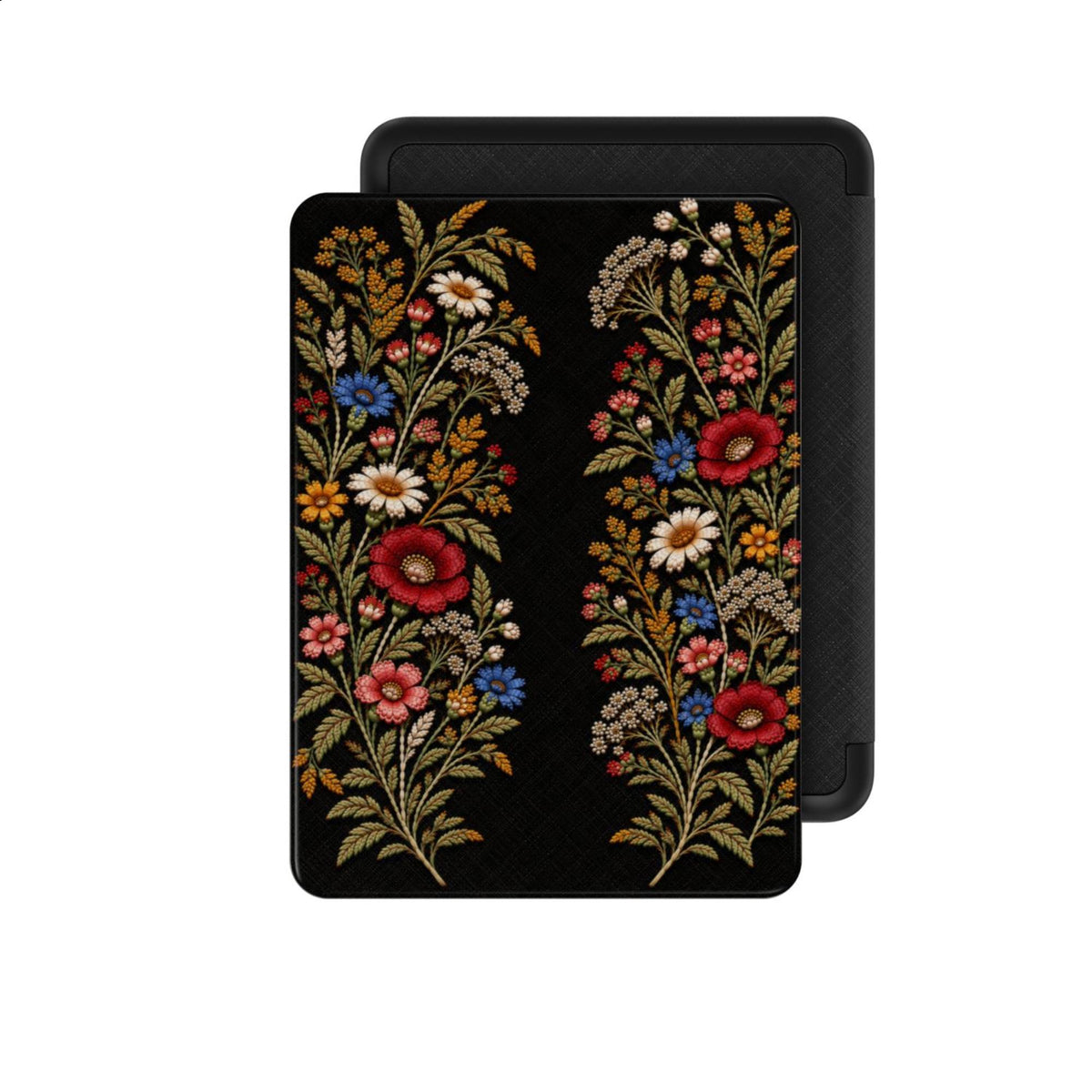 Front view of the Black Wildflower Kindle Paperwhite case: two garlands of burgundy, blue, ivory and gold wildflowers on a black cover