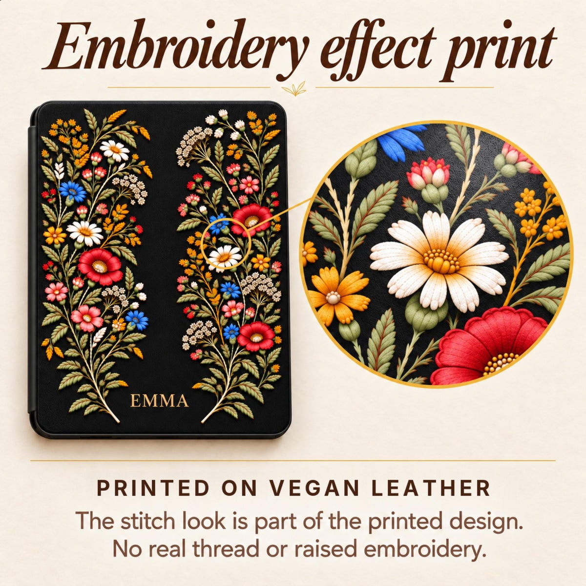 Close-up of the printed embroidery effect on the Black Wildflower Kindle case: the stitch look is part of the print on vegan leather, with no real thread or raised embroidery