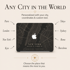 Personalized City Map MacBook case from TrioAuraDesign, showing a dark New York street map design and examples of cities that can be customized, including Paris, London, New York, Kyiv, Tokyo, Sydney, Rome, and Barcelona. The infographic explains that buyers can personalize the case with their chosen city, coordinates, and custom text to create a meaningful custom map laptop cover.
