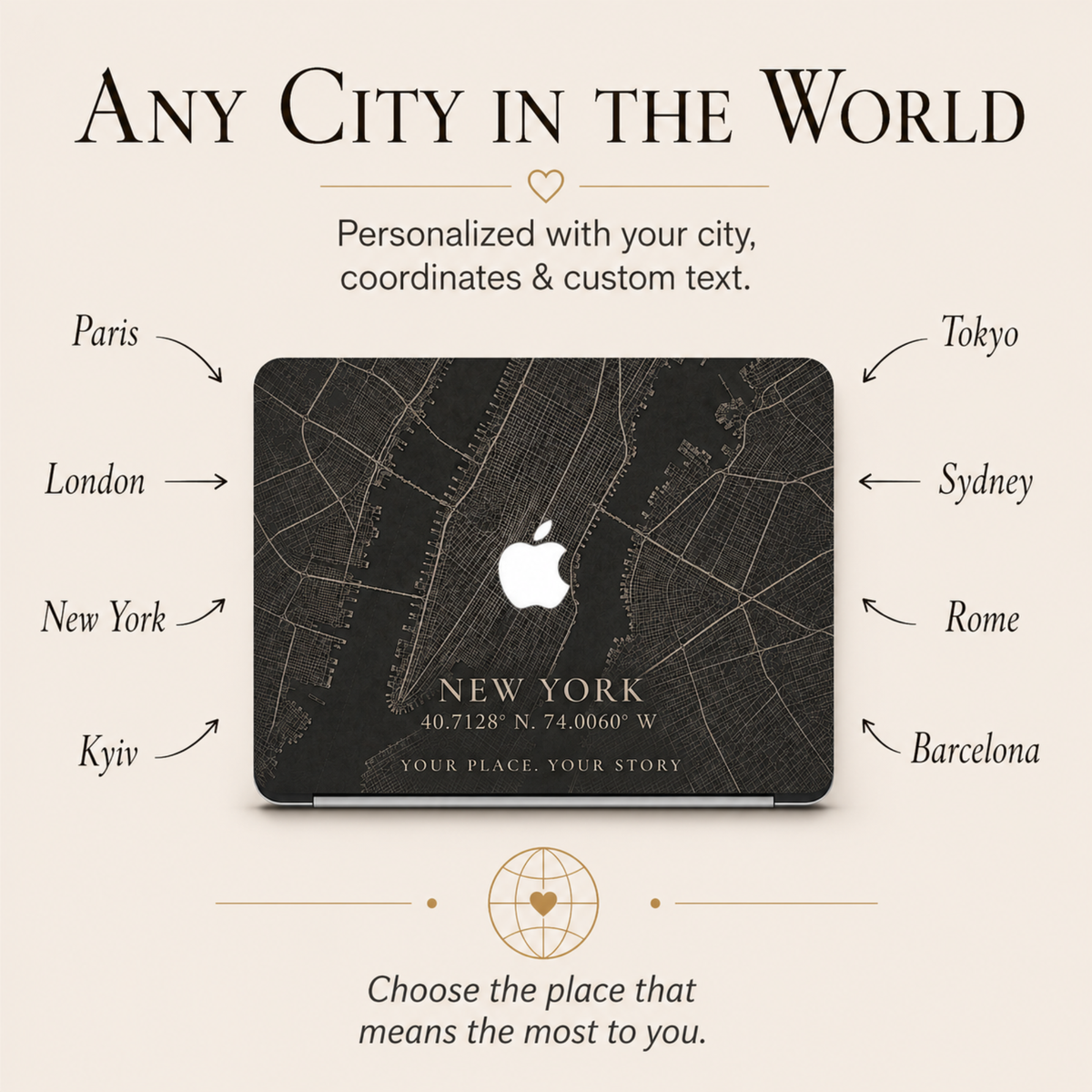 Personalized City Map MacBook case from TrioAuraDesign, showing a dark New York street map design and examples of cities that can be customized, including Paris, London, New York, Kyiv, Tokyo, Sydney, Rome, and Barcelona. The infographic explains that buyers can personalize the case with their chosen city, coordinates, and custom text to create a meaningful custom map laptop cover.