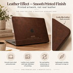 Leather-effect MacBook case infographic from TrioAuraDesign, showing a personalized dark brown hard shell with the name “ALEX” and a close-up of the printed leather look. The graphic explains that the design is created with high-definition UV printing on smooth polycarbonate, with no real leather, embossing, or raised texture. Lightweight, durable case with a smooth printed finish.