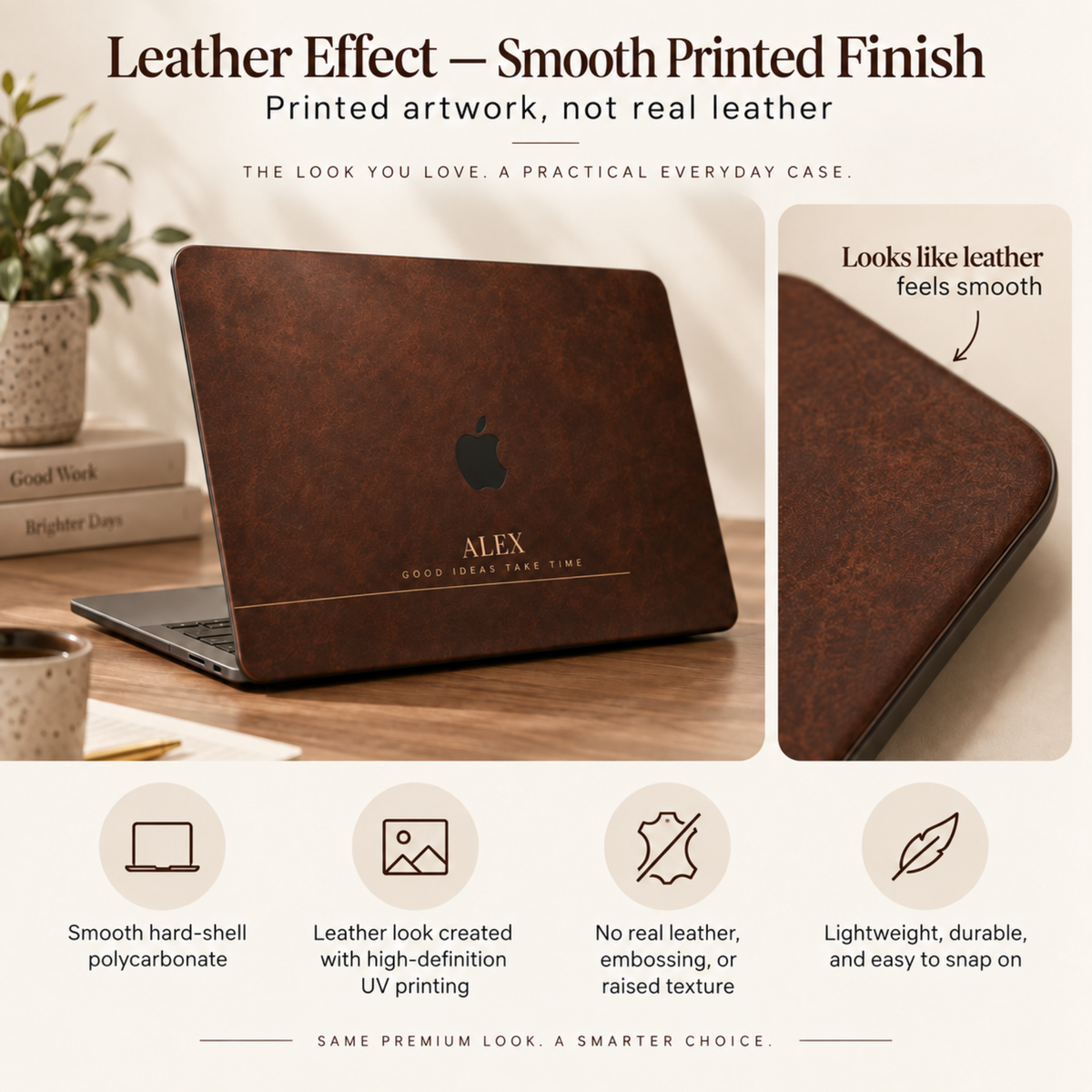 Leather-effect MacBook case infographic from TrioAuraDesign, showing a personalized dark brown hard shell with the name “ALEX” and a close-up of the printed leather look. The graphic explains that the design is created with high-definition UV printing on smooth polycarbonate, with no real leather, embossing, or raised texture. Lightweight, durable case with a smooth printed finish.