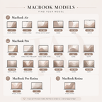 MacBook compatibility chart showing all supported models — MacBook Air 11" 13" 15", MacBook Pro 13" 14" 15" 16", MacBook Pro Retina, and MacBook Retina — with model numbers to help find your exact MacBook case size