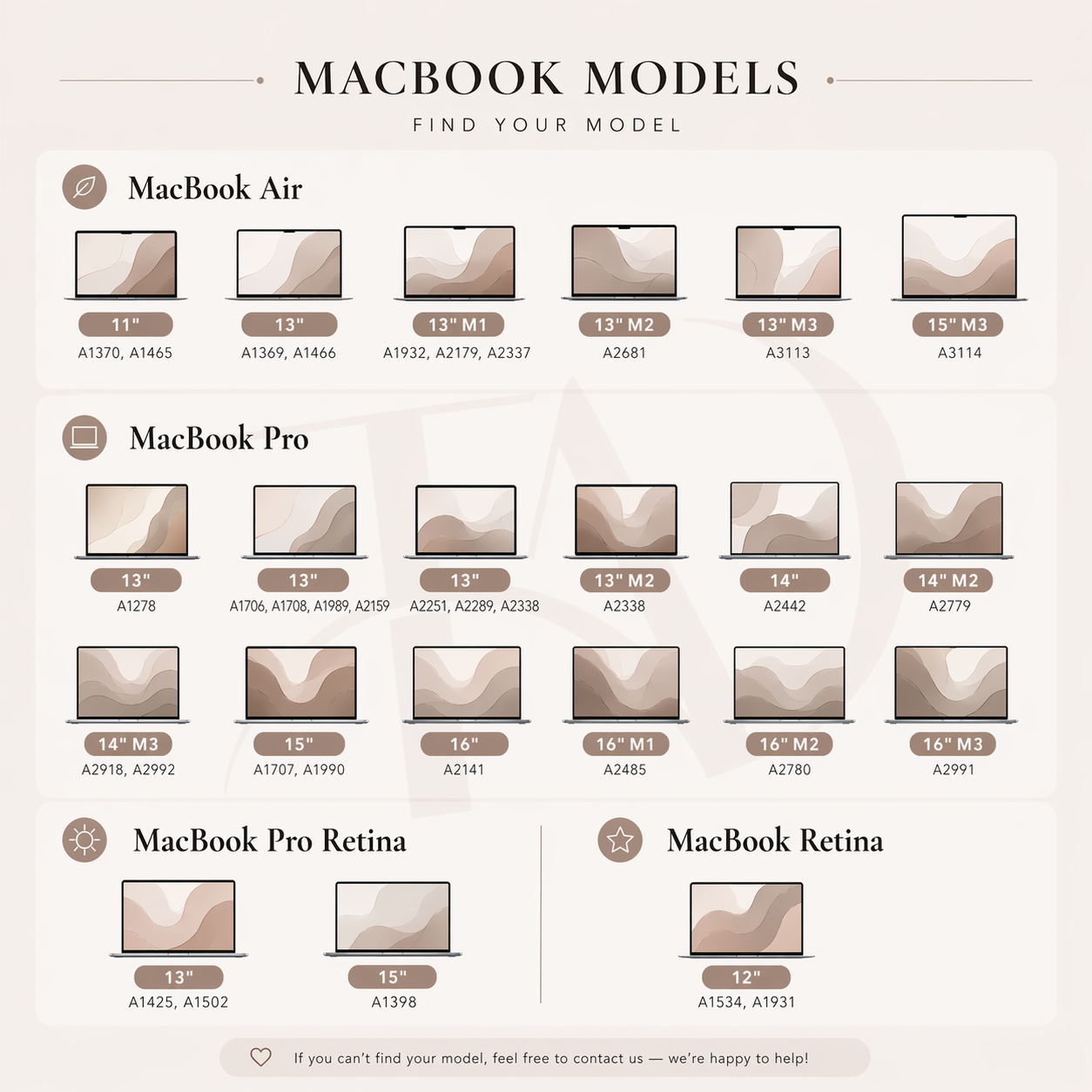 MacBook compatibility chart showing all supported models — MacBook Air 11" 13" 15", MacBook Pro 13" 14" 15" 16", MacBook Pro Retina, and MacBook Retina — with model numbers to help find your exact MacBook case size