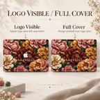 TrioAuraDesign Stone Bouquet MacBook case infographic comparing Apple logo options. Logo Visible leaves the Apple logo area unprinted so the MacBook logo can show through, while Full Cover prints the floral stone-effect artwork continuously across the logo area for a seamless design.
