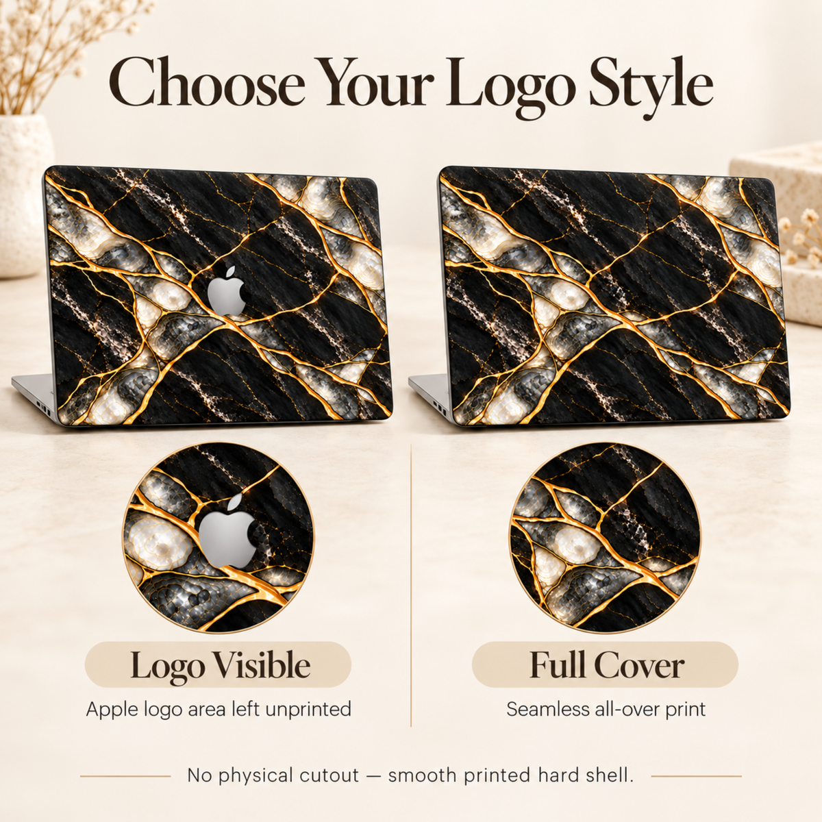 Choose your logo style: Logo Visible leaves the Apple logo area unprinted, Full Cover prints the marble design across the whole lid.