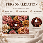 Personalized Stone Bouquet MacBook case infographic showing the custom name Angelina printed across the floral design. The guide explains how to enter a name or short word, choose the Apple logo style and select the correct MacBook model, with a close-up showing the personalization placement.
