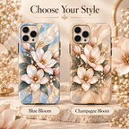 Choose your style: Blue Bloom with blue and aqua glass tones, or Champagne Bloom with warm cream and gold tones.