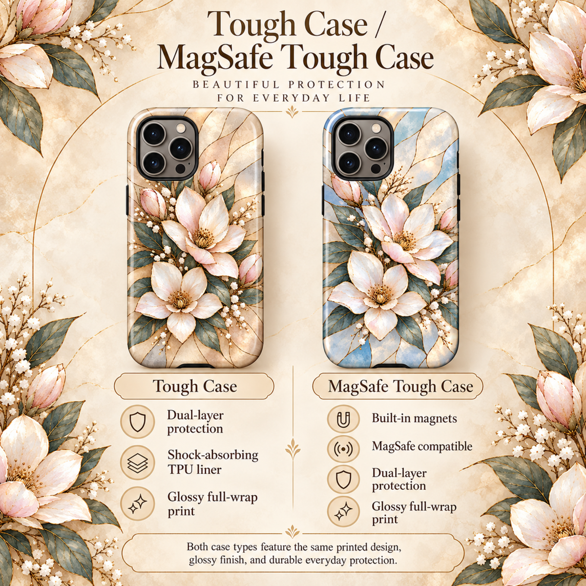 Case type comparison: Tough case with dual-layer protection versus MagSafe Tough case with built-in magnets for MagSafe chargers.